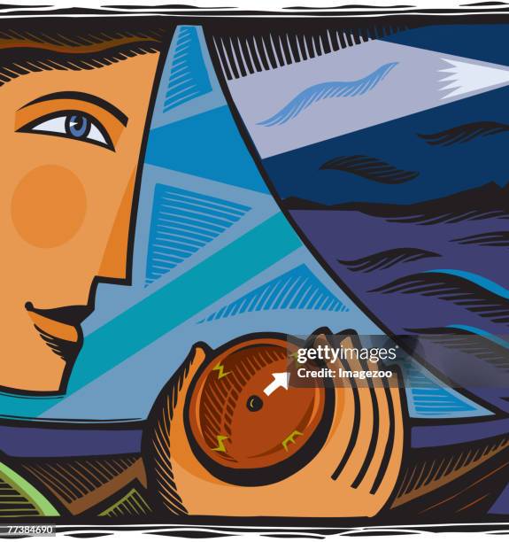 businessman using a compass to guide him to a lighthouse - lighthouse beacon stock illustrations