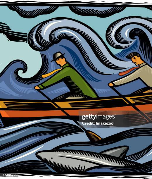 two businessmen rowing through shark infested waters - rowing team stock illustrations