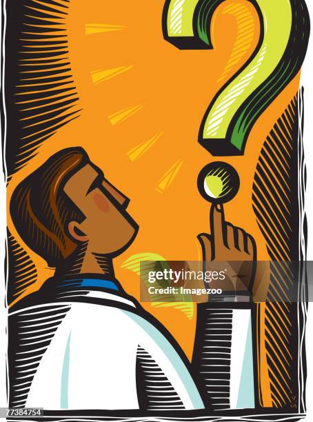 doctor balancing a question mark - question answer stock illustrations