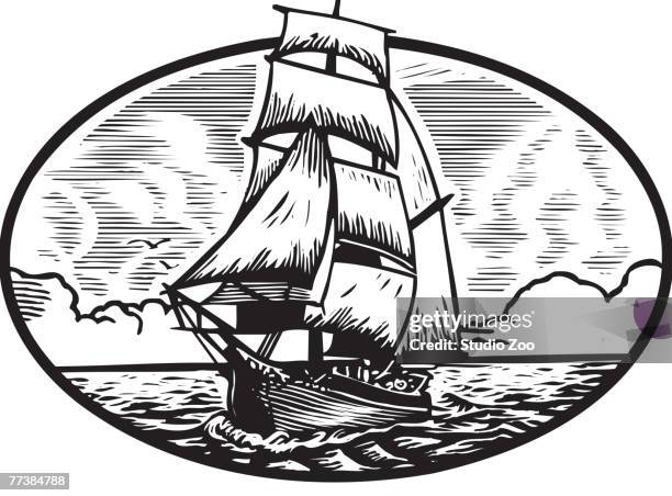 illustration of a tall ship - ship etching stock illustrations