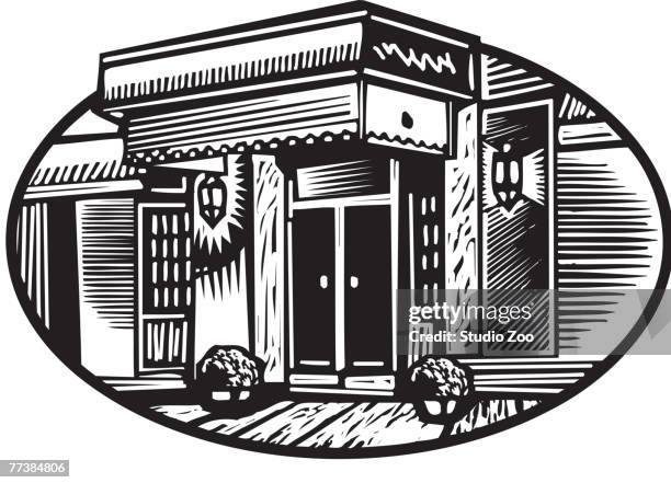 oval illustration of a hotel entrance, black and white - ____ stock illustrations