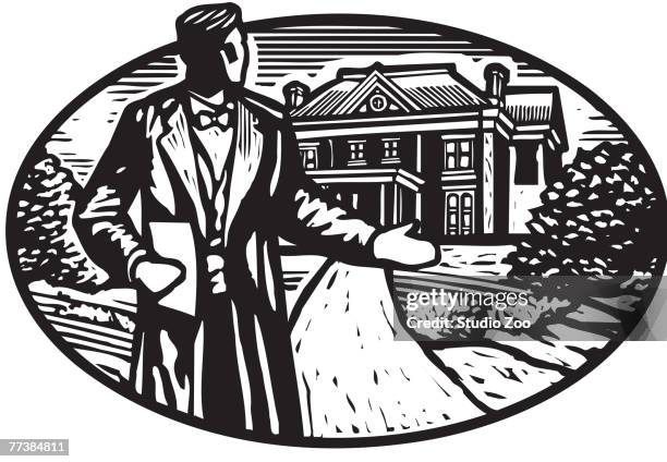 formal usher at the front of a mansion, black and white - ____ stock illustrations