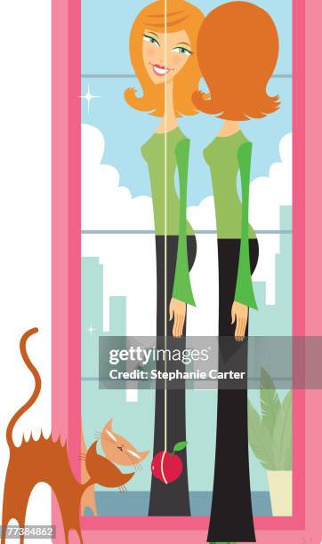 a woman smiling at her reflection - bathroom mirror stock illustrations