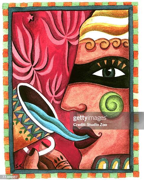 masked woman drinking blue tea - woman mint tea stock illustrations