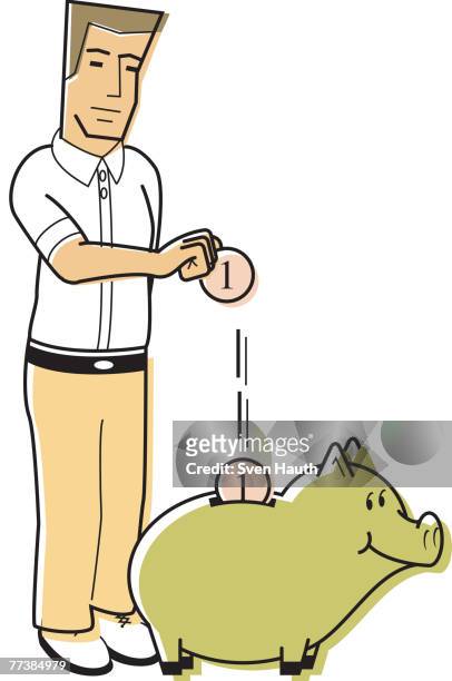 a man dropping coins into a piggy bank - deposit slip stock illustrations