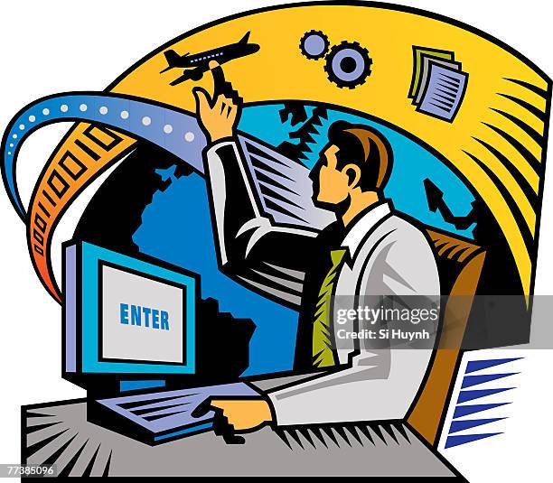 an illustration of a man in cyberspace - hypertext transfer protocol stock-grafiken, -clipart, -cartoons und -symbole