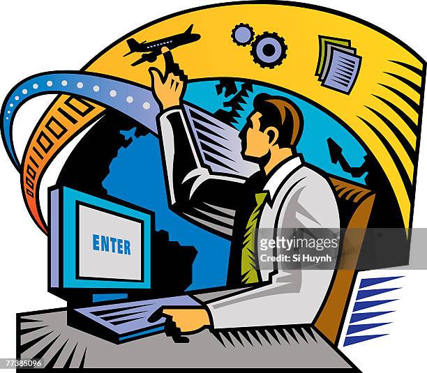 an illustration of a man in cyberspace - cyberspace stock illustrations