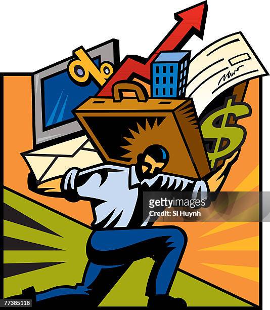 a man carrying a computer and a briefcase stuffed with various items - paycheck protection stock-grafiken, -clipart, -cartoons und -symbole