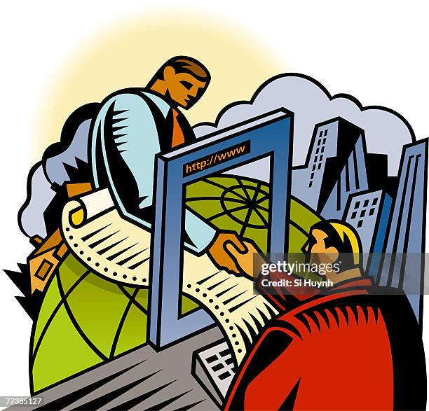 two men finalising a deal online - data entry keyboard stock illustrations