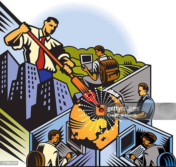 an illustration of employees working around the globe - secret headquarters stock illustrations