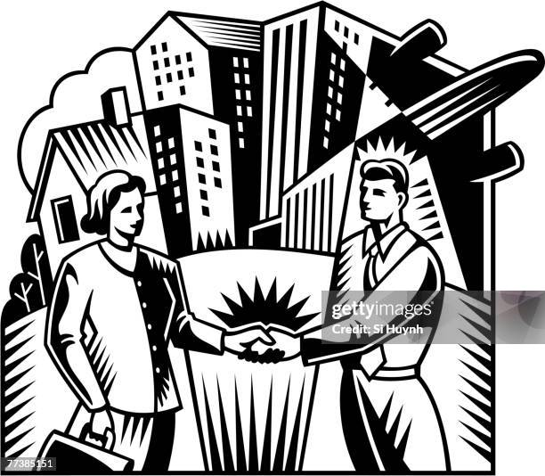 two business people shaking hands in front of buildings - clothing optional area stock illustrations