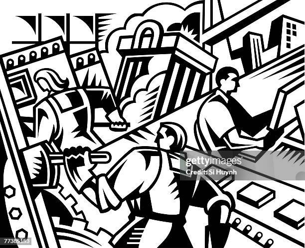 an illustration of various business operations - protective workwear automobile industry stock illustrations