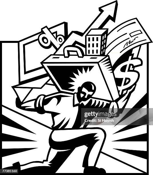 a man carrying a computer and a briefcase stuffed with various items - paycheck protection stock illustrations