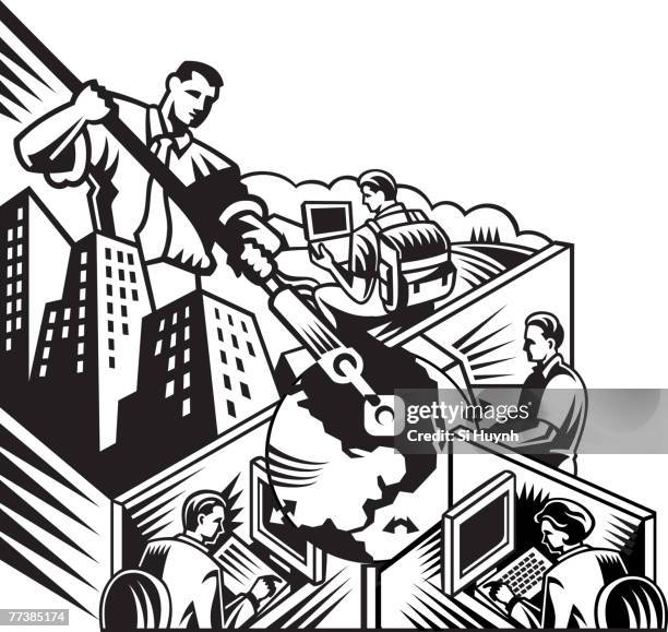 an illustration of employees working around the globe - generic computer desktop stock illustrations