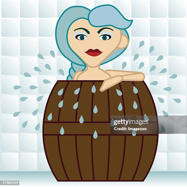 woman soaking in a barrel tub - hydrotherapy 幅插畫檔、美工圖案、卡通及圖標