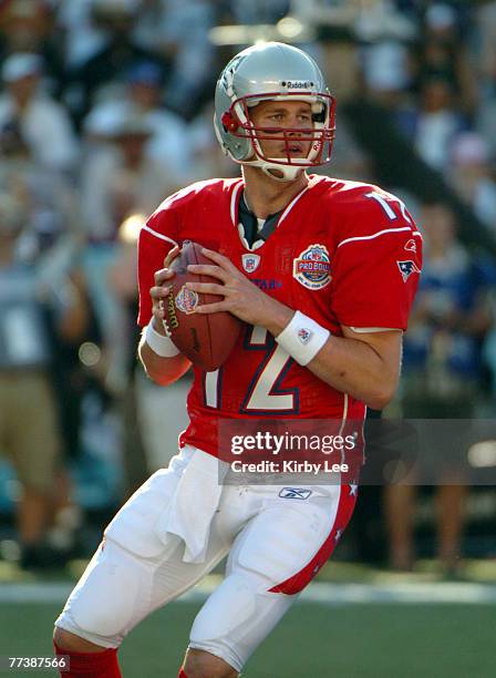 Quarterback Tom Brady of the New England Patriots drops back to pass during 38-27 victory over the NFC at Aloha Stadium in Honolulu, Hawaii on...