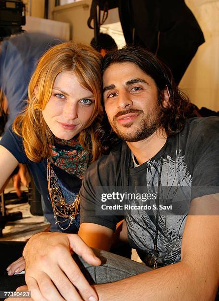 Model Angela Lindvall and Designer Ali Alborzi pose at rehearsal during Mercedes Benz Fashion Week held at Smashbox Studios on October 17, 2007 in...