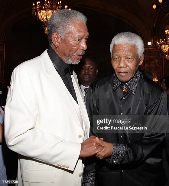 Actor Morgan Freeman and Nelson Mandela attend the 'Unite For A Better World Gala Dinner' on September 2, 2007 at the Hotel de Paris in Monte Carlo,...