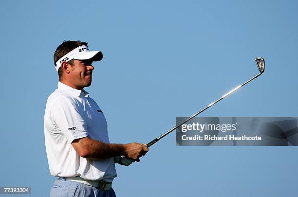 Lee Westwood of England hits a tee shot at the 13th during the first round of the Portugal Masters at Oce?nico Victoria Clube de Golfe on October 18,...