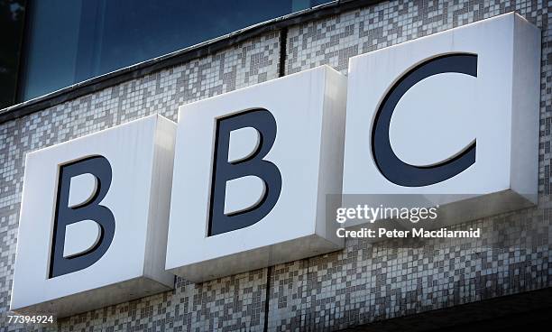 The BBC logo is displayed above the main entrance to Television Centre on October 18, 2007 in London, England. In order to make ?2 billion GBP of...