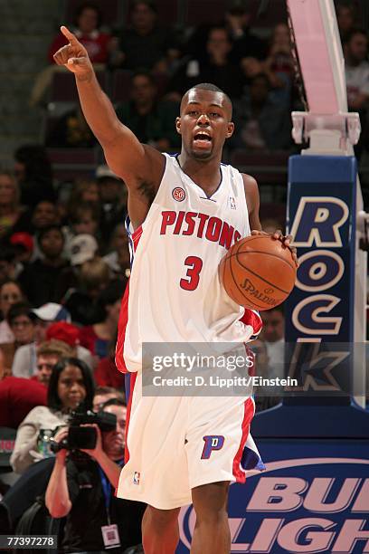 Rodney Stuckey of the Detroit Pistons calls a play during the game against the Utah Jazz at The Palace of Auburn Hills on October 12, 2007 in Auburn...