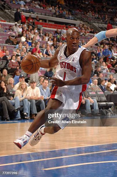 Chauncey Billups of the Detroit Pistons drives to the basket during the game against the Utah Jazz at The Palace of Auburn Hills on October 12, 2007...