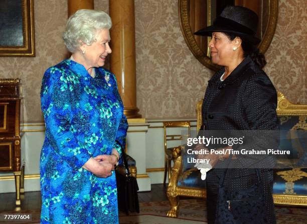Queen Elizabeth II receives the Governor-General of Antigua and Barbuda, Mrs Louise Agnetha Lake-Tack, at Buckingham Palace in London on October 17,...