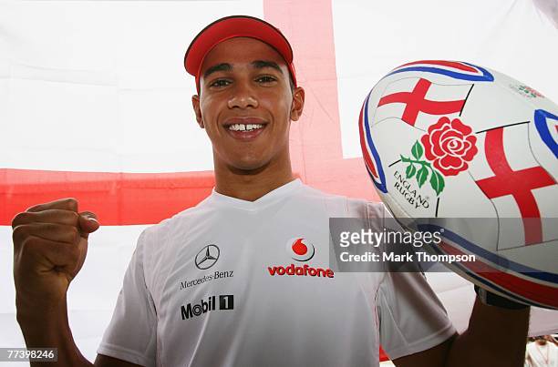 Lewis Hamilton of Great Britain and McLaren Mercedes looks forward to the Rugby World Cup Final between England and South Africa during previews...