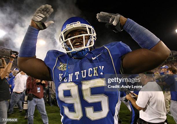 Ventrell Jenkins of the Kentucky Wildcats celebrates after the Wildcats beat the LSU Tigers in triple overtime at Commonwealth Stadium October 13,...