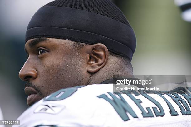 Running back Brian Westbrook of the Philadelphia Eagles sits on the sidelines during a game against the New York Jets on October 14, 2007 at Giants...