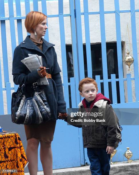 Cynthia Nixon and "Brady" on Location for "Sex and the City: The Movie in Chinatown New York October 17 2007