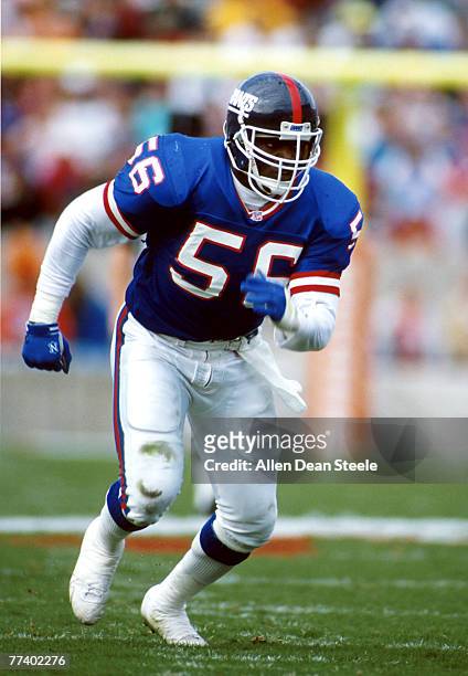 Linebacker Lawrence Taylor of the New York Giants follows the ball in a 21 to 14 win over the Tampa Bay Buccaneers on .