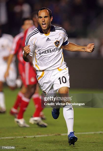 Landon Donovan of the Los Angeles Galaxy celebrates after converting on a penalty kick in the second half against Toronto FC during their MLS match...