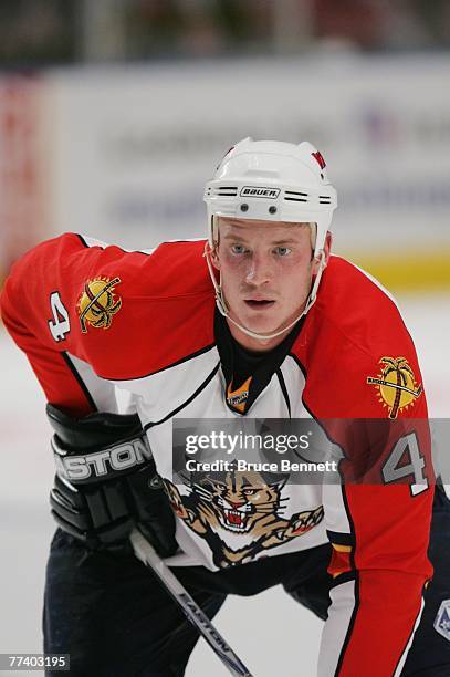 Jay Bouwmeester of the Florida Panthers waits for the faceoff in his game against the New York Rangers on October 4, 2007 at Madison Square Garden in...