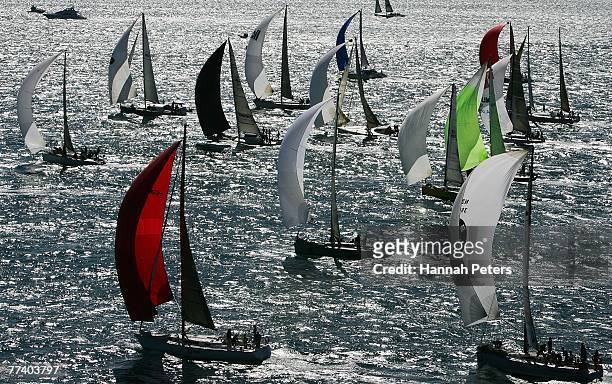 Yachts set sail at the start of the Coastal Classic Yacht Race on the Waitemata Harbour on October 19, 2007 in Auckland, New Zealand. More than 200...