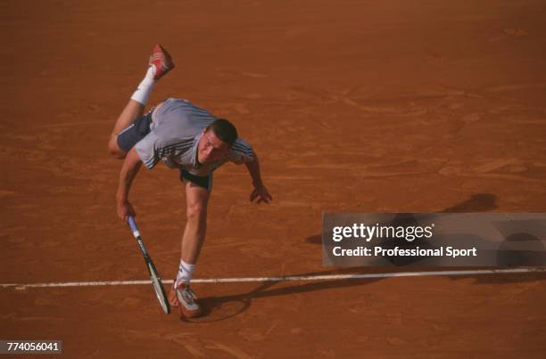 Russian tennis player Marat Safin pictured in action during competition to reach the semifinals of the Men's Singles tournament at the 2002 French...