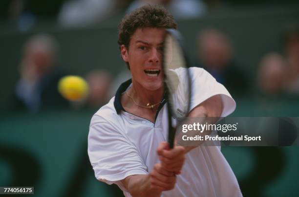 Russian tennis player Marat Safin pictured in action to lose to French tennis player Fabrice Santoro, 4-6, 4-6, 6-4, 6-0, 1-6 in the third round of...