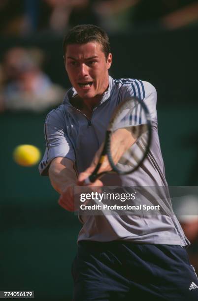 Russian tennis player Marat Safin pictured in action during competition to reach the semifinals of the Men's Singles tournament at the 2002 French...