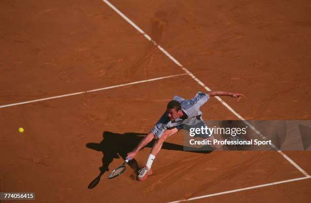 Russian tennis player Marat Safin pictured in action during competition to reach the semifinals of the Men's Singles tournament at the 2002 French...