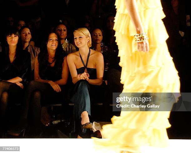 Socialite Paris Hilton in the front row at the Petro Zillia Spring 2008 fashion show during Mercedes-Benz Fashion Week held at Smashbox Studios on...