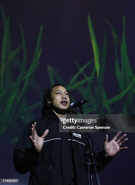 Former All Black captain Tana Umaga talks during a New Zealand 2011 Rugby World Cup photocall October 19, 2007 in Paris, France.