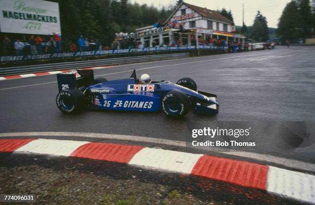 French racing driver Rene Arnoux drives the Ligier Loto Ligier JS29B Megatron M12/M13 1.5 L4t to finish in 6th place in the 1987 Belgian Grand Prix...