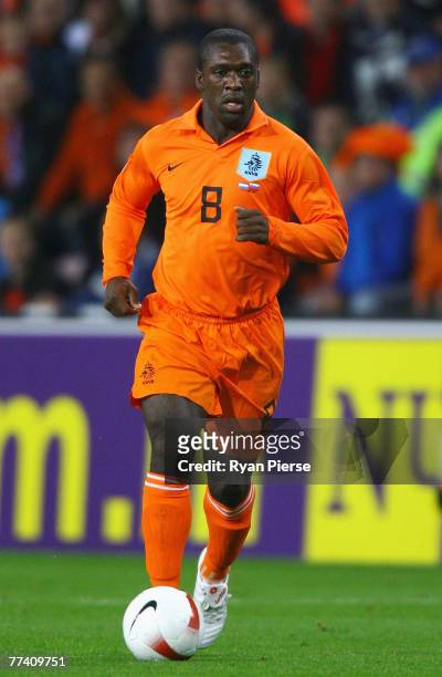 Clarence Seedorf of the Netherlands in action during the Euro 2008 Group G qualifying match between The Netherlands and Slovenia at Philips Stadium...