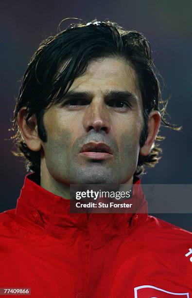 Turkey player Ibrahim Uzulmez looks on during the National Anthems before the Euro 2008 Qualifying match between Turkey and Greece at Ali Sami Yen...