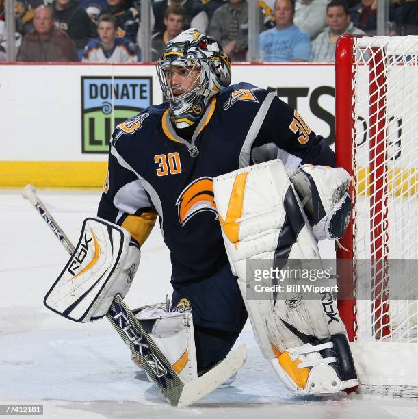 Ryan Miller of the Buffalo Sabres tends goal against the Atlanta Thrashers on October 11, 2007 at HSBC Arena in Buffalo, New York.