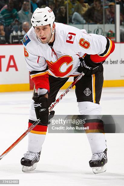 Cory Sarich of the Calgary Flames faces off against the Nashville Predators at the Sommett Center on October 13, 2007 in Nashville, Tennessee....