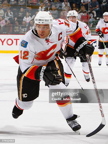 Jarome Iginla of the Calgary Flames skates against the Nashville Predators at the Sommett Center on October 13, 2007 in Nashville, Tennessee. Calgary...