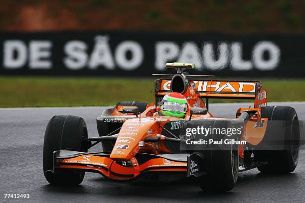 Sakon Yamamoto of Japan and Spyker F1 in action during practice for the Brazilian Formula One Grand Prix at the Autodromo Interlagos on October 19,...