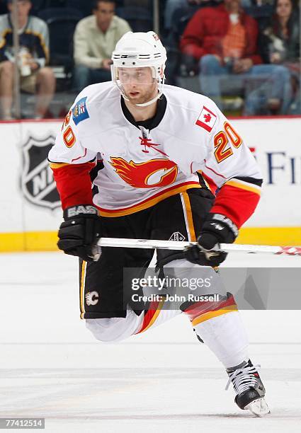 Kristian Huselius of the Calgary Flames skates against the Nashville Predators at the Sommett Center on October 13, 2007 in Nashville, Tennessee....