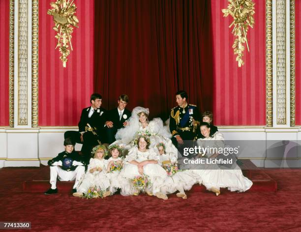 The Royal Wedding Group relaxed after the formal shots in the Throne Room at Buckingham Palace on 29th July 1981 with the bride and bridegroom, TRH...